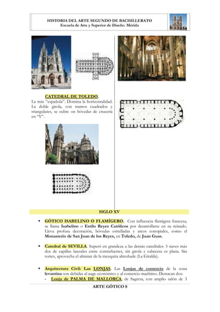 $548,7(785$
   ƒ   35(('(17( /$ $548,7(785$ ,67(5,(16(

         (O tVWHU RUGHQ EHQHGLFWLQD DSRUWy HQ VX DUTXLWHFWXUD OD XWLOL]DFLyQ GH OD EyYHGD
GH FUXFHUtD  GHO DUFR DSXQWDGR HOHPHQWRV EDVH GHO JyWLFR (VSDxD FRQVHUYD PRQDVWHULRV
FLVWHUFLHQVHV 3REOHW  6DQWD UHXV /DV +XHOJDV

   ƒ   $5$7(5Ì67,$6 '( /$ $548,7(785$ *Ð7,$

        )UHQWH DO DVSHFWR PDFL]R GH OD URPiQLFD OD JyWLFD HV iJLO  GLQiPLFD FHQWUDQGR VX
LQWHUpV HQ OD YHUWLFDOLGDG HOHYDFLyQ  OXPLQRVLGDG 3DUD HOOR VH DSOLFDQ QXHYRV
HOHPHQWRV
         (O DUFR DSXQWDGR X RMLYDO TXH UHFRJH PiV GLUHFWDPHQWH ODV SUHVLRQHV GH OD
           WHFKXPEUH (Q OD ~OWLPD HWDSD JyWLFD DSDUHFHQ RWURV DUFRV VLHQGR HO PiV
           LPSRUWDQWH HO FRQRSLDO
         /D EyYHGD GH FUXFHUtD TXH QDFH GH OD GH DULVWD UHIRU]DGD FRQ QHUYLRV ORV
           FXDOHV VH DSXQWDQ /D EyYHGD VH IUDJPHQWD HQ SOHPHQWRV  WUDQVPLWH VX
           HPSXMH KDFLD ORV iQJXORV 6H FRPSOHWD FRQ OD FODYH R SXQWR GRQGH VH FUX]DQ ORV
           QHUYLRV




            $UFR DSXQWDGR                                      $UFR RQRSLDO




    $UFR IRUPHUR                 3/(0(172            1(59,2           /$9(

                    $UFR WRUDO

                                   $57( *Ð7,2 
 