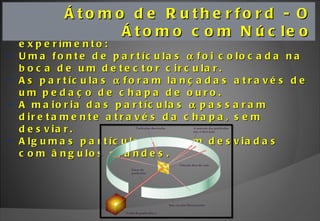 Átomo de Rutherford - O Átomo com Núcleo Rutherford executou o seguinte experimento: Uma fonte de partículas   foi colocada na boca de um detector circular. As partículas   foram lançadas através de um pedaço de chapa de ouro. A maioria das partículas    passaram diretamente através da chapa, sem desviar. Algumas partículas    foram desviadas com ângulos grandes. 