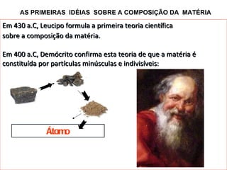 Em 430 a.C, Leucipo formula a primeira teoria científica sobre a composição da matéria. Em 400 a.C, Demócrito confirma esta teoria de que a matéria é constituída por partículas minúsculas e indivisíveis: Átomo AS PRIMEIRAS  IDÉIAS  SOBRE A COMPOSIÇÃO DA  MATÉRIA 