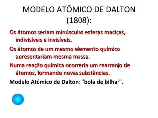 MODELO ATÔMICO DE DALTON (1808): Os átomos seriam minúsculas esferas maciças, indivisíveis e invisíveis. Os átomos de um mesmo elemento químico apresentariam mesma massa. Numa reação química ocorreria um rearranjo de átomos, formando novas substâncias. Modelo Atômico de Dalton: "bola de bilhar". 