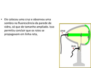 Ele colocou uma cruz e observou uma sombra na fluorescência da parede de vidro, só que de tamanho ampliado. Isso permitiu concluir que os raios se propagavam em linha reta,  