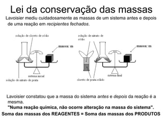 Lei da conservação das massas
Lavoisier mediu cuidadosamente as massas de um sistema antes e depois
de uma reação em recipientes fechados.
.
Lavoisier constatou que a massa do sistema antes e depois da reação é a
mesma.
"Numa reação química, não ocorre alteração na massa do sistema".
Soma das massas dos REAGENTES = Soma das massas dos PRODUTOS
 