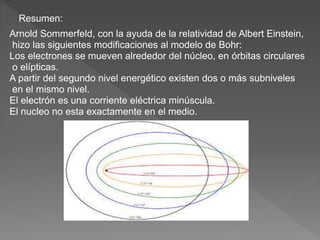 Arnold Sommerfeld, con la ayuda de la relatividad de Albert Einstein,
hizo las siguientes modificaciones al modelo de Bohr:
Los electrones se mueven alrededor del núcleo, en órbitas circulares
o elípticas.
A partir del segundo nivel energético existen dos o más subniveles
en el mismo nivel.
El electrón es una corriente eléctrica minúscula.
El nucleo no esta exactamente en el medio.
Resumen:
 