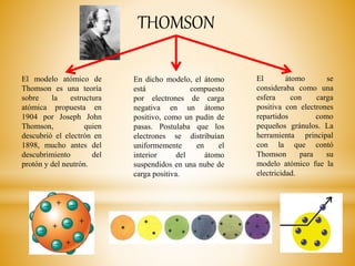 THOMSON
El modelo atómico de
Thomson es una teoría
sobre la estructura
atómica propuesta en
1904 por Joseph John
Thomson, quien
descubrió el electrón en
1898, mucho antes del
descubrimiento del
protón y del neutrón.
En dicho modelo, el átomo
está compuesto
por electrones de carga
negativa en un átomo
positivo, como un pudin de
pasas. Postulaba que los
electrones se distribuían
uniformemente en el
interior del átomo
suspendidos en una nube de
carga positiva.
El átomo se
consideraba como una
esfera con carga
positiva con electrones
repartidos como
pequeños gránulos. La
herramienta principal
con la que contó
Thomson para su
modelo atómico fue la
electricidad.
 