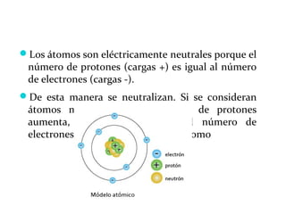 Los átomos son eléctricamente neutrales porque el
número de protones (cargas +) es igual al número
de electrones (cargas -).
De esta manera se neutralizan. Si se consideran
átomos más grandes, el número de protones
aumenta, y también aumenta el número de
electrones en el estado neutral del átomo
 
