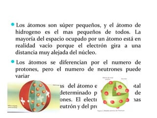 Los átomos son súper pequeños, y el átomo de
hidrogeno es el mas pequeños de todos. La
mayoría del espacio ocupado por un átomo está en
realidad vacío porque el electrón gira a una
distancia muy alejada del núcleo.
Los átomos se diferencian por el numero de
protones, pero el numero de neutrones puede
variar
Otra características del átomo es su peso, el total
de su peso esta determinado por el numero de
neutrones y protones. El electrón es 1,800 mas
pequeños que el neutrón y del protón.
 