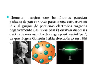 Thomson imaginó que los átomos parecían
pedazos de pan con uvas pasas o una estructura en
la cual grupos de pequeños electrones cargados
negativamente (las 'uvas pasas') estaban dispersas
dentro de una mancha de cargas positivas (el 'pan',
ya que Eugen Golstein había descubierto en 1886
que los átomos tenían cargas positivas).
 