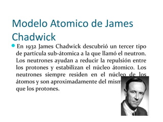Modelo Atomico de James
Chadwick
En 1932 James Chadwick descubrió un tercer tipo
de partícula sub-átomica a la que llamó ...