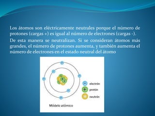 Los átomos son eléctricamente neutrales porque el número de
protones (cargas +) es igual al número de electrones (cargas -).
De esta manera se neutralizan. Si se consideran átomos más
grandes, el número de protones aumenta, y también aumenta el
número de electrones en el estado neutral del átomo
 