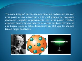 Thomson imaginó que los átomos parecían pedazos de pan con
uvas pasas o una estructura en la cual grupos de pequeños
electrones cargados negativamente (las 'uvas pasas') estaban
dispersas dentro de una mancha de cargas positivas (el 'pan', ya
que Eugen Golstein había descubierto en 1886 que los átomos
tenían cargas positivas).
 