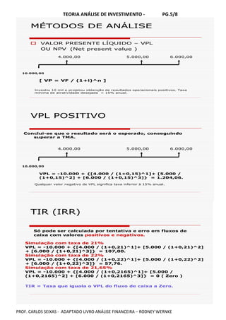 TEORIA ANÁLISE DE INVESTIMENTO - PG.5/8
PROF. CARLOS SEIXAS - ADAPTADO LIVRO ANÁLISE FINANCEIRA – RODNEY WERNKE
MÉTODOS DE ANÁLISE
VALOR PRESENTE LÍQUIDO – VPL
OU NPV (Net present value )
10.000,00
4.000,00 5.000,00 6.000,00
Investiu 10 mil e projetou obtenção de resultados operacionais positivos. Taxa
mínima de atratividade desejada = 15% anual.
[ VP = VF / (1+i)^n ]
VPL POSITIVO
Conclui-se que o resultado será o esperado, conseguindo
superar a TMA.
10.000,00
4.000,00 5.000,00 6.000,00
Qualquer valor negativo de VPL significa taxa inferior à 15% anual.
VPL = -10.000 + {[4.000 / (1+0,15)^1]+ [5.000 /
(1+0,15)^2] + [6.000 / (1+0,15)^3]} = 1.204,06.
TIR (IRR)
Só pode ser calculada por tentativa e erro em fluxos de
caixa com valores positivos e negativos.
TIR = Taxa que iguala o VPL do fluxo de caixa a Zero.
Simulação com taxa de 21%
VPL = -10.000 + {[4.000 / (1+0,21)^1]+ [5.000 / (1+0,21)^2]
+ [6.000 / (1+0,21)^3]} = 107,00.
Simulação com taxa de 22%
VPL = -10.000 + {[4.000 / (1+0,22)^1]+ [5.000 / (1+0,22)^2]
+ [6.000 / (1+0,22)^3]} = 57,76.
Simulação com taxa de 21,65%
VPL = -10.000 + {[4.000 / (1+0,2165)^1]+ [5.000 /
(1+0,2165)^2] + [6.000 / (1+0,2165)^3]} = 0 ( Zero )
 