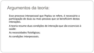 Argumentos da teoria:
Esse processo interpessoal que Peplau se refere, é necessário a
participação de duas ou mais pessoas que se beneficiem destas
interações.
A teoria resume duas condições de interação que são essenciais à
saúde:
As necessidades fisiológicas;
As condições interpessoais.
 