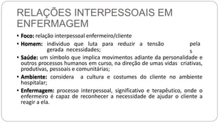 RELAÇÕES INTERPESSOAIS EM
ENFERMAGEM
• Foco: relação interpessoal enfermeiro/cliente
• Homem: individuo que luta para reduzir a tensão
gerada necessidades;
pela
s
• Saúde: um símbolo que implica movimentos adiante da personalidade e
outros processos humanos em curso, na direção de umas vidas criativas,
produtivas, pessoais e comunitárias;
• Ambiente: considera a cultura e costumes do cliente no ambiente
hospitalar;
• Enfermagem: processo interpessoal, significativo e terapêutico, onde o
enfermeiro é capaz de reconhecer a necessidade de ajudar o cliente a
reagir a ela.
 