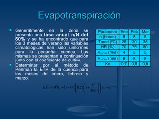 EEvvaappoottrraannssppiirraacciióónn 
 Generalmente en la zona se 
presenta una tasa anual n/N del 
60% y se ha encontrado que para 
los 3 meses de verano las variables 
climatológicas han sido uniformes 
para la pequeña cuenca. Las 
mismas se presentan a continuación 
junto con el coeficiente de cultivo. 
 Determinar por el método de 
Penman la ETP de la cuenca para 
los meses de enero, febrero y 
marzo. 
Parámetro Ene Feb Mar 
n (horas) 8 8 8 
Tmed (ºC) 25 30 35 
HR (%) 70 75 80 
Vz=1m (m/s) 4 5 5 
Vz=3m (m/s) 6 8 8 
Kc 0,7 0,8 0,8 
÷ø 
ETo WR ( W) æ 
V ö n çè 
çè 
ö (e - e) s ÷ø 
= + - æ + 
100 
1 0,27 1 
