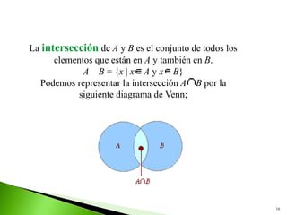 16
La intersección de A y B es el conjunto de todos los
elementos que están en A y también en B.
A B = {x | x A y x B}
Podemos representar la intersección A B por la
siguiente diagrama de Venn;
 