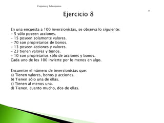 Ejercicio 8
En una encuesta a 100 inversionistas, se observa lo siguiente:
- 5 sólo poseen acciones.
- 15 poseen solamente valores.
- 70 son propietarios de bonos.
- 13 poseen acciones y valores.
- 23 tienen valores y bonos.
- 10 son propietarios sólo de acciones y bonos.
Cada uno de los 100 invierte por lo menos en algo.
Encuentre el número de inversionistas que:
a) Tienen valores, bonos y acciones.
b) Tienen sólo una de ellas.
c) Tienen al menos una.
d) Tienen, cuanto mucho, dos de ellas.
Conjuntos y Subconjuntos
34
 