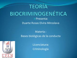 Presenta:

Duarte Rosas Elvira Miroslava
Materia :
Bases biológicas de la conducta
Licenciatura:
Criminología

 
