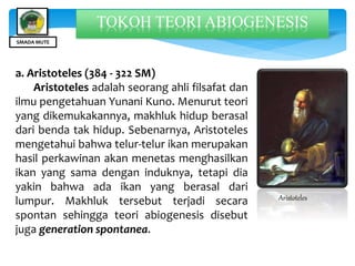 a. Aristoteles (384 - 322 SM)
Aristoteles adalah seorang ahli filsafat dan
ilmu pengetahuan Yunani Kuno. Menurut teori
yang dikemukakannya, makhluk hidup berasal
dari benda tak hidup. Sebenarnya, Aristoteles
mengetahui bahwa telur-telur ikan merupakan
hasil perkawinan akan menetas menghasilkan
ikan yang sama dengan induknya, tetapi dia
yakin bahwa ada ikan yang berasal dari
lumpur. Makhluk tersebut terjadi secara
spontan sehingga teori abiogenesis disebut
juga generation spontanea.
Aristoteles
SMADA MUTE
TOKOH TEORI ABIOGENESIS
 