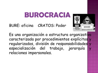 BUROCRACIA
BURE: oficina CRATOS: Poder
Es una organización o estructura organizativa
caracterizada por procedimientos explícitos y
regularizados, división de responsabilidades y
especialización del trabajo, jerarquía y
relaciones impersonales.
 