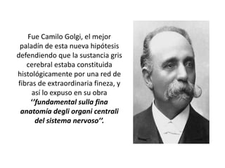 Fue Camilo Golgi, el mejor
paladín de esta nueva hipótesis
defendiendo que la sustancia gris
cerebral estaba constituida
histológicamente por una red de
fibras de extraordinaria fineza, y
así lo expuso en su obra
‘’fundamental sulla fina
anatomía degli organi centrali
del sistema nervoso’’.
 