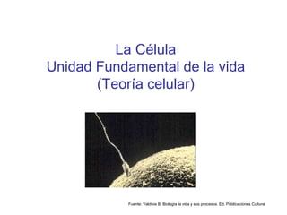 La Célula
Unidad Fundamental de la vida
       (Teoría celular)




           Fuente: Valdivia B. Biología la vida y sus procesos. Ed. Publicaciones Cultural
 