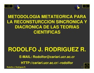 METODOLOGIA METATEORICA PARA
LA RECONSTURCCION SINCRONICA Y
   DIACRONICA DE LAS TEORIAS
          CIENTIFICAS



 RODOLFO J. RODRIGUEZ R.
               E-MAIL: Rodolfor@cariari.ucr.ac.cr
                 HTTP://cariari.ucr.ac.cr/~rodolfor
Rodolfo-J. Rodríguez-R.                               1
 