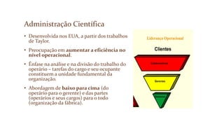 Administração Científica
• Desenvolvida nos EUA, a partir dos trabalhos
de Taylor.
• Preocupação em aumentar a eficiência no
nível operacional.
• Ênfase na análise e na divisão do trabalho do
operário – tarefas do cargo e seu ocupante
constituem a unidade fundamental da
organização.
• Abordagem de baixo para cima (do
operário para o gerente) e das partes
(operários e seus cargos) para o todo
(organização da fábrica).
 
