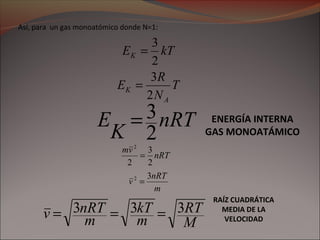 Así, para un gas monoatómico donde N=1:
nRT
K
E
2
3= ENERGÍA INTERNA
GAS MONOATÁMICO
M
RT
m
kT
m
nRTv 333 ===
RAÍZ CUADRÁTICA
MEDIA DE LA
VELOCIDAD
T
N
R
E
A
K
2
3
=
kTEK
2
3
=
m
nRT
v
32
=
nRT
vm
2
3
2
2
=
 