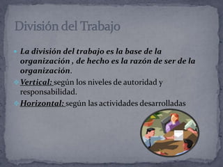  La división del trabajo es la base de la
organización , de hecho es la razón de ser de la
organización.
Vertical: según los niveles de autoridad y
responsabilidad.
Horizontal: según las actividades desarrolladas
 