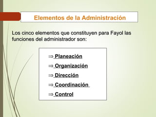 Elementos de la Administración
Los cinco elementos que constituyen para Fayol lasLos cinco elementos que constituyen para Fayol las
funciones del administrador son:funciones del administrador son:
⇒ Planeación
⇒ Organización
⇒ Dirección
⇒ Coordinación
⇒ Control
 