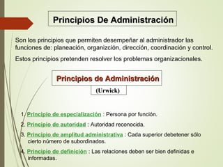 Son los principios que permiten desempeñar al administrador las
funciones de: planeación, organizción, dirección, coordinación y control.
Estos principios pretenden resolver los problemas organizacionales.
Principios De AdministraciónPrincipios De Administración
Principios de AdministraciónPrincipios de Administración
(Urwick)(Urwick)
1. Principio de especialización : Persona por función.
2. Principio de autoridad : Autoridad reconocida.
3. Principio de amplitud administrativa : Cada superior debetener sólo
cierto número de subordinados.
4. Principio de definición : Las relaciones deben ser bien definidas e
informadas.
 