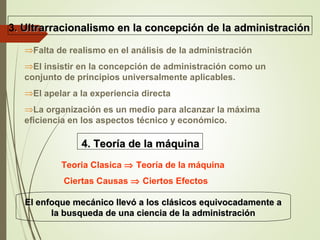3. Ultrarracionalismo en la concepción de la administración. Ultrarracionalismo en la concepción de la administración
⇒Falta de realismo en el análisis de la administración
⇒El insistir en la concepción de administración como un
conjunto de principios universalmente aplicables.
⇒El apelar a la experiencia directa
⇒La organización es un medio para alcanzar la máxima
eficiencia en los aspectos técnico y económico.
Ciertas Causas ⇒ Ciertos Efectos
Teoria Clasica ⇒ Teoría de la máquina
El enfoque mecánico llevó a los clásicos equivocadamente aEl enfoque mecánico llevó a los clásicos equivocadamente a
la busqueda de una ciencia de la administraciónla busqueda de una ciencia de la administración
4.4. Teoría de la máquinaTeoría de la máquina
 