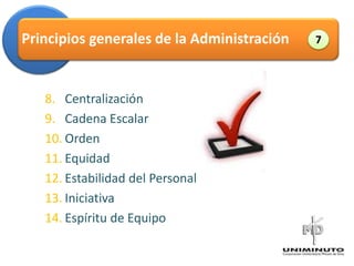 Principios generales de la Administración            7




   8. Centralización
                                            Administración
   9. Cadena Escalar
   10. Orden
   11. Equidad
   12. Estabilidad del Personal
   13. Iniciativa
   14. Espíritu de Equipo
 