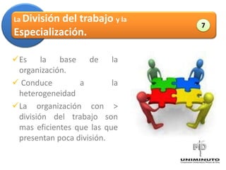 La Divisióndel trabajo y la
                                        7
Especialización.

Es     la  base    de    la
 organización.                 Administración


 Conduce        a        la
 heterogeneidad
La organización con >
 división del trabajo son
 mas eficientes que las que
 presentan poca división.
 