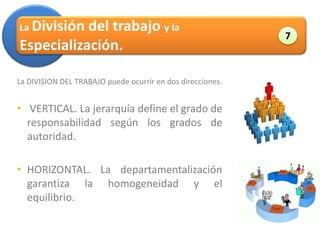 La Divisióndel trabajo y la
                                                                     7
Especialización.

La DIVISION DEL TRABAJO puede ocurrir en dos direcciones.

                                                            Administración
• VERTICAL. La jerarquía define el grado de
  responsabilidad según los grados de
  autoridad.

• HORIZONTAL. La departamentalización
  garantiza la homogeneidad y el
  equilibrio.
 