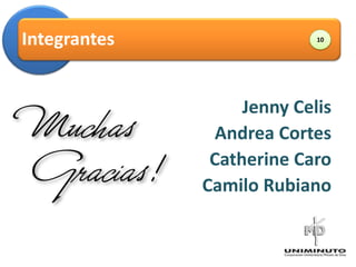 Integrantes                 10




                   Jenny Celis
               Andrea Cortes
               Catherine Caro
              Camilo Rubiano
 
