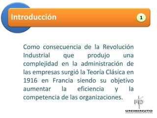 Introducción                                   1




   Como consecuencia de la Revolución
   Industrial    que      produjo      una
   complejidad en la administración de
   las empresas surgió la Teoría Clásica en
   1916 en Francia siendo su objetivo
   aumentar     la    eficiencia    y     la
   competencia de las organizaciones.
 
