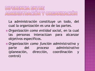 Diferencia entre administración y organización	La administración constituye un todo, del cual la organización es una de las partes.Organización como entidad social, en la cual las personas interactúan para alcanzar objetivos específicos.Organización como función administrativa y parte del proceso administrativo (planeación, dirección, coordinación y control) 