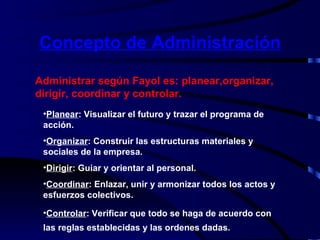 Concepto de Administración Administrar según Fayol es: planear,organizar, dirigir, coordinar y controlar. Planear : Visualizar el futuro y trazar el programa de acción. Organizar : Construir las estructuras materiales y sociales de la empresa. Dirigir : Guiar y orientar al personal. Coordinar : Enlazar, unir y armonizar todos los actos y esfuerzos colectivos. Controlar : Verificar que todo se haga de acuerdo con las reglas establecidas y las ordenes dadas.   