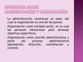 La administración constituye un todo, del
    cual la organización es una de las partes.
   Organización como entidad social, en la cual
    las personas interactúan para alcanzar
    objetivos específicos.
   Organización como función administrativa y
    parte      del     proceso     administrativo
    (planeación, dirección, coordinación y
    control)
 