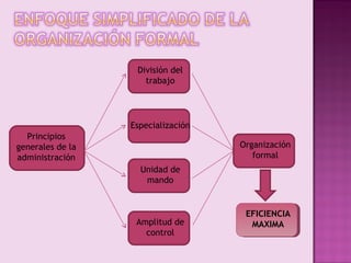 División del
                     trabajo




                  Especialización
  Principios
generales de la                     Organización
administración                         formal
                    Unidad de
                     mando


                                     EFICIENCIA
                   Amplitud de        MAXIMA
                     control
 