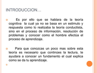 INTRODUCCION…

        Es por ello que se hablara de la teoría
    cognitiva la cual ya no se basa en un estimulo y
    respuesta como lo realizaba la teoría conductista,
    sino en el proceso de información, resolución de
    problemas y conocer como el hombre efectúa el
    proceso de aprendizaje.

        Para que conozcas un poco mas sobre esta
    teoría es necesario que continúes la lectura, te
    ayudara a conocer un fundamento el cual explica
    como se da tu aprendizaje.

 