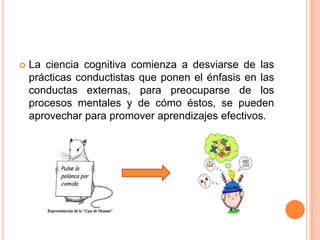    La ciencia cognitiva comienza a desviarse de las
    prácticas conductistas que ponen el énfasis en las
    conductas externas, para preocuparse de los
    procesos mentales y de cómo éstos, se pueden
    aprovechar para promover aprendizajes efectivos.
 