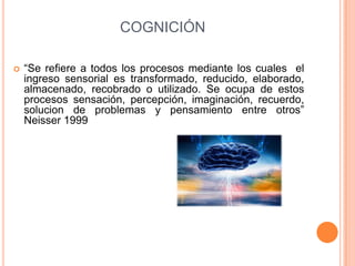 COGNICIÓN

   “Se refiere a todos los procesos mediante los cuales el
    ingreso sensorial es transformado, reducido, elaborado,
    almacenado, recobrado o utilizado. Se ocupa de estos
    procesos sensación, percepción, imaginación, recuerdo,
    solucion de problemas y pensamiento entre otros”
    Neisser 1999
 