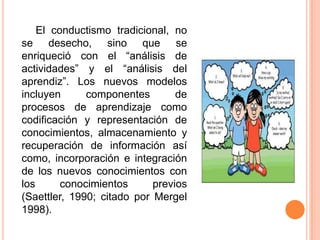 El conductismo tradicional, no
se desecho, sino que se
enriqueció con el “análisis de
actividades” y el “análisis del
aprendiz”. Los nuevos modelos
incluyen      componentes        de
procesos de aprendizaje como
codificación y representación de
conocimientos, almacenamiento y
recuperación de información así
como, incorporación e integración
de los nuevos conocimientos con
los      conocimientos      previos
(Saettler, 1990; citado por Mergel
1998).
 