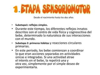 Desde el nacimiento hasta los dos años


• Subetapa1: reflejos simples.
• Durante este tiempo, los diferentes reflejos innatos
  descritos son el centro de vida física y cognoscitiva del
  bebe, determinado la naturaleza de sus interacciones
  con el mundo.
• Subetapa 2: primeros hábitos y reacciones circulares
  primarias.
• En este periodo, los bebe comienzan a coordinar
  lo que eran acciones separadas en actividades
  únicas e integradas. Si una actividad atrae
  el interés en el bebe, la repetirá una y
  otra vez, simplemente por el simple deseo de
  experimentarla.
 