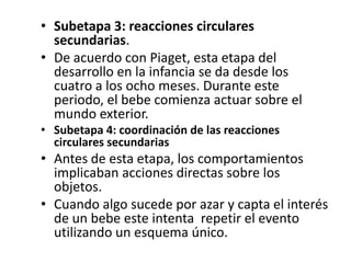 • Subetapa 3: reacciones circulares
  secundarias.
• De acuerdo con Piaget, esta etapa del
  desarrollo en la infancia se da desde los
  cuatro a los ocho meses. Durante este
  periodo, el bebe comienza actuar sobre el
  mundo exterior.
• Subetapa 4: coordinación de las reacciones
  circulares secundarias
• Antes de esta etapa, los comportamientos
  implicaban acciones directas sobre los
  objetos.
• Cuando algo sucede por azar y capta el interés
  de un bebe este intenta repetir el evento
  utilizando un esquema único.
 