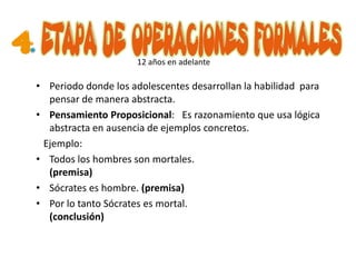 12 años en adelante

• Periodo donde los adolescentes desarrollan la habilidad para
  pensar de manera abstracta.
• Pensamiento Proposicional: Es razonamiento que usa lógica
  abstracta en ausencia de ejemplos concretos.
 Ejemplo:
• Todos los hombres son mortales.
  (premisa)
• Sócrates es hombre. (premisa)
• Por lo tanto Sócrates es mortal.
  (conclusión)
 
