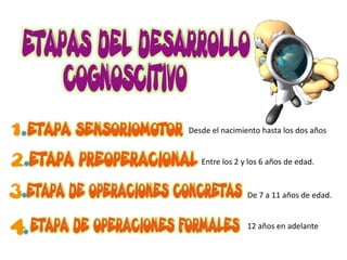 Desde el nacimiento hasta los dos años


   Entre los 2 y los 6 años de edad.


                De 7 a 11 años de edad.


                12 años en adelante
 