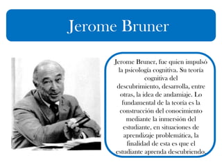 Jerome Bruner
Jerome Bruner, fue quien impulsó
la psicología cognitiva. Su teoría
cognitiva del
descubrimiento, desarrolla, entre
otras, la idea de andamiaje. Lo
fundamental de la teoría es la
construcción del conocimiento
mediante la inmersión del
estudiante, en situaciones de
aprendizaje problemática, la
finalidad de esta es que el
estudiante aprenda descubriendo.
 